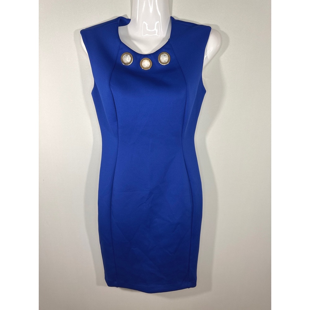 Calvin Klein Womens Royal Blue Grommet Neck Sleeveless Sheath Dress Size 2